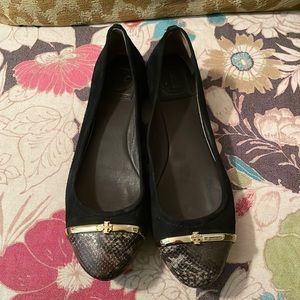 Tory Burch Ballet leather flats Size 8 black suede python toe /gold detailing